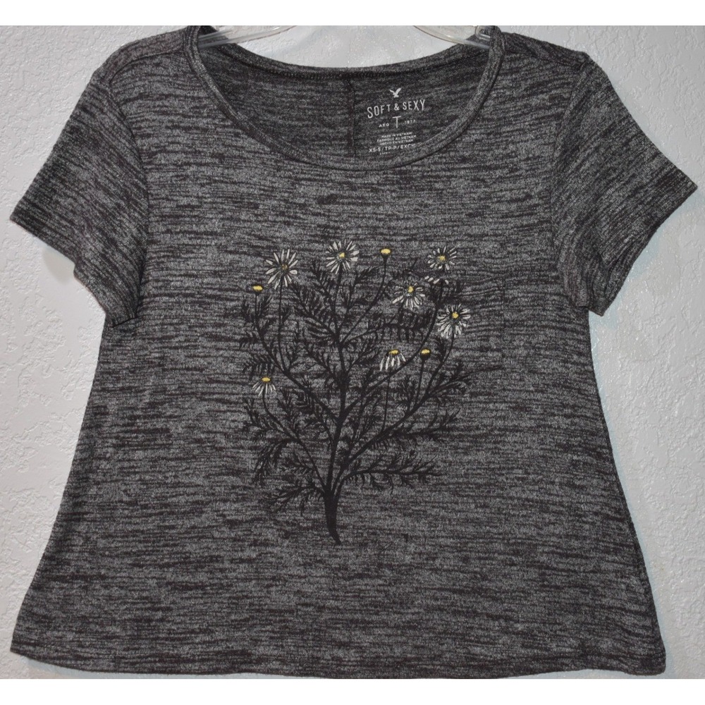 American Eagle Soft & Sexy Charcoal Gray Heather Daisy Floral Graphic Tee XS